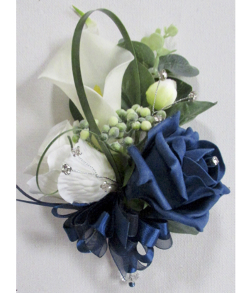 Navy Blue & Ivory Calla Lily & Rose Corsage
